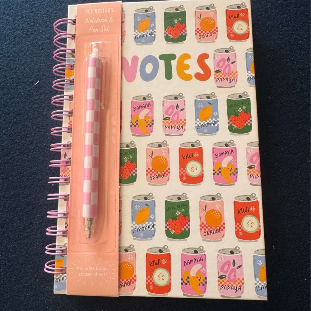 Colorful sodaThemed spiral Notebook and checkered pink/white Pen Set-so cute💕